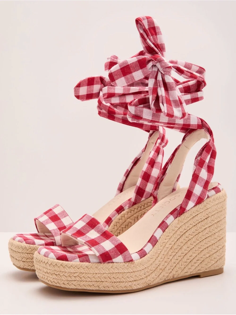 Vici Red Gingham Espadrille Wedge Sandals with Ankle Tie